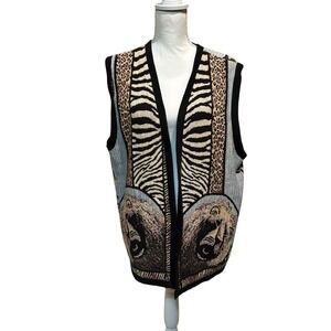 Vintage‎ Safari Animal Print Vest Lions Giraffes Zebra Leopard Tapestry Knit XL
